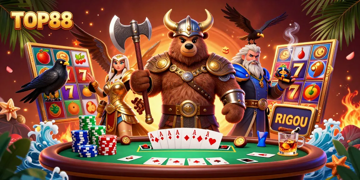 Engage with TOP88, showcasing a vibrant Viking and Valkyrie surrounded by slot machines and poker elements.