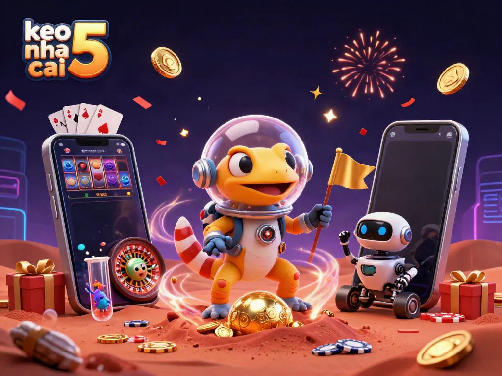 Engage with keo nha cai 5 as a Martian gecko discovers a golden casino amidst cosmic celebrations and gaming excitement.