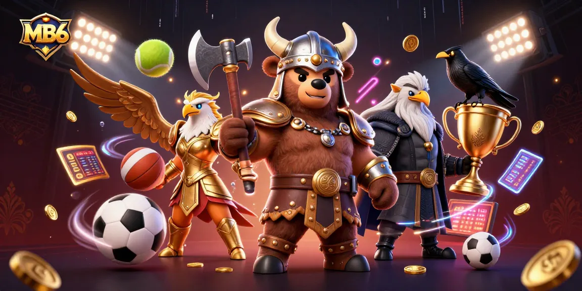 Win big at MB66 with an exciting 3D Viking and Valkyrie illustration showcasing sports and gambling elements.