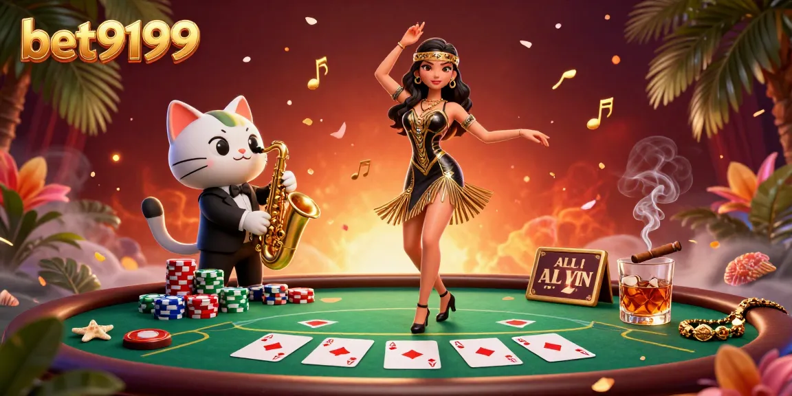 Experience the excitement at bet9199 with vibrant casino action, featuring a flapper dancer and saxophone cat.