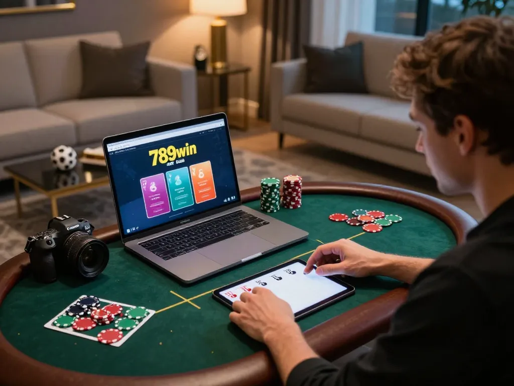 Engaging gameplay on the 789win link mới platform in a modern home office, showcasing online poker.