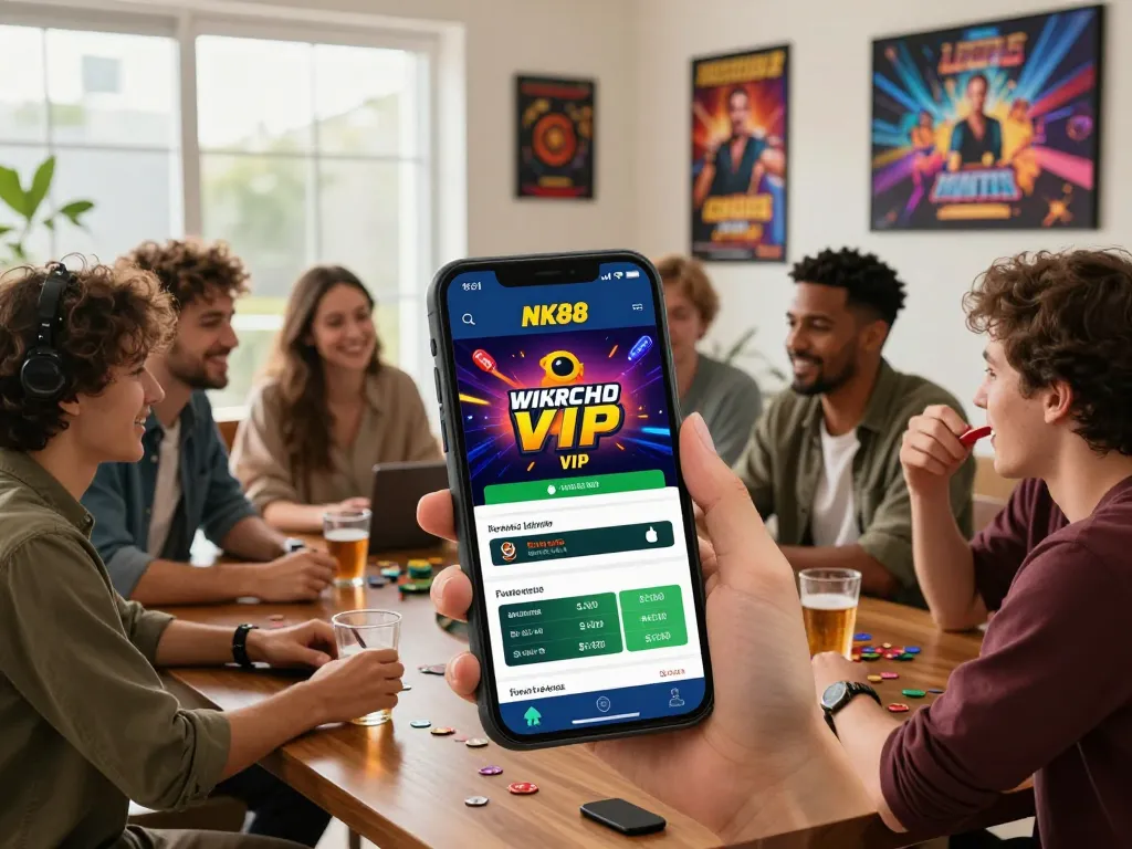 Nk88 VIP app on mobile device in a lively group gaming scene with friends.
