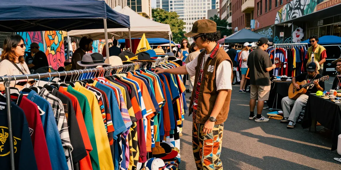 Fashion enthusiast exploring unique rokok 88 clothing in vibrant urban market.