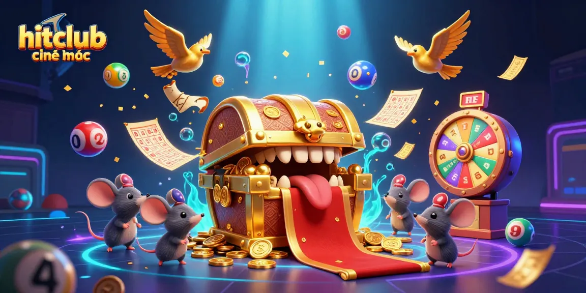 Experience hitclub chính thức with a vibrant scene featuring a treasure chest and colorful lottery elements.