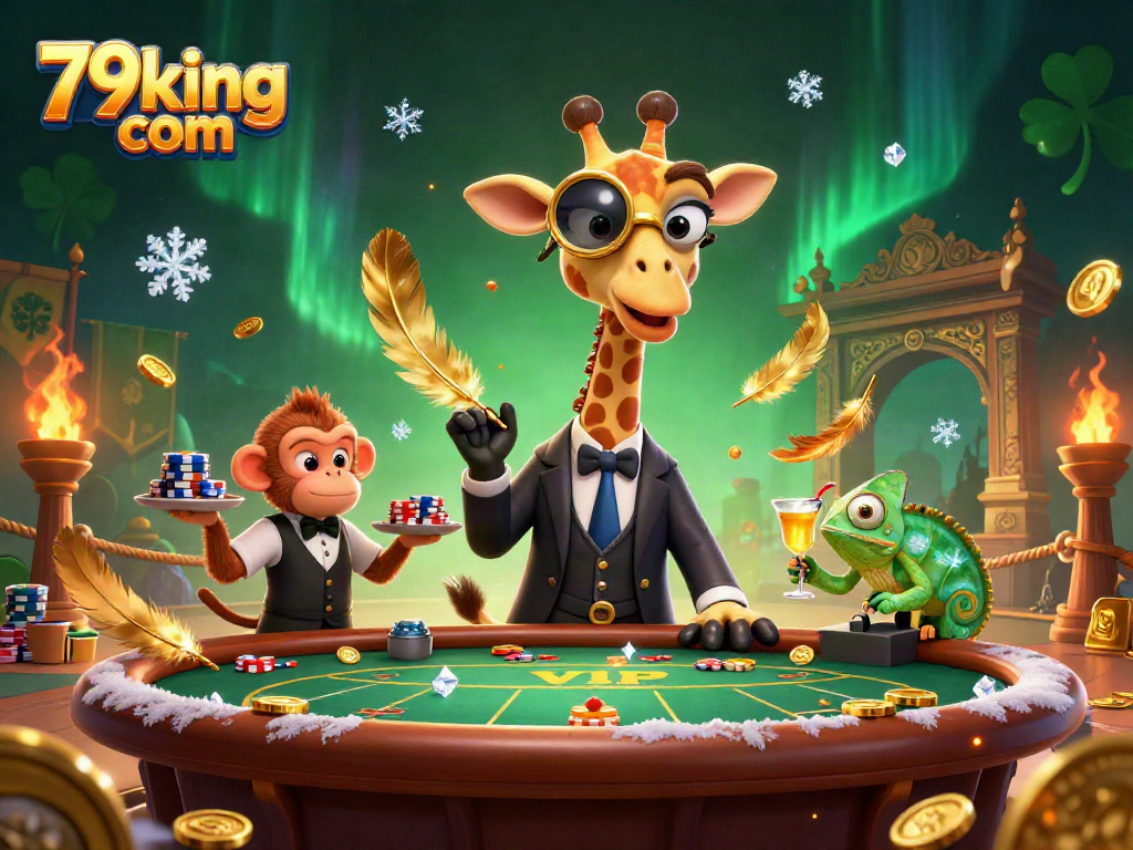 Experience thrilling gameplay at 79king com with high-roller giraffe and monkey valet at the poker table.