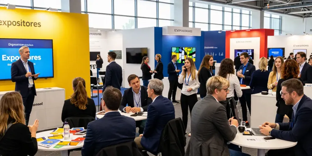 Expositores conference scene showcasing vibrant booths and engaged attendees in a professional environment.
