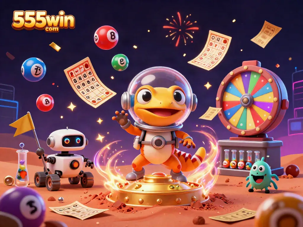 Engage with exciting games at 555win com as the Martian gecko discovers flashy prizes in a vibrant casino.