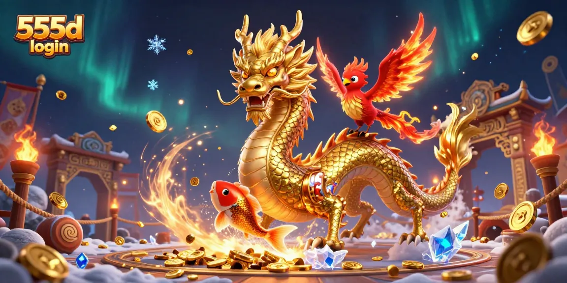 Experience the excitement of 555d login with captivating games, featuring a golden dragon, phoenix, and koi.