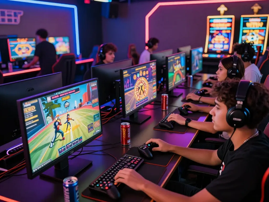 Exciting gaming atmosphere with players enjoying various games on the HH55 platform in vibrant neon lighting.