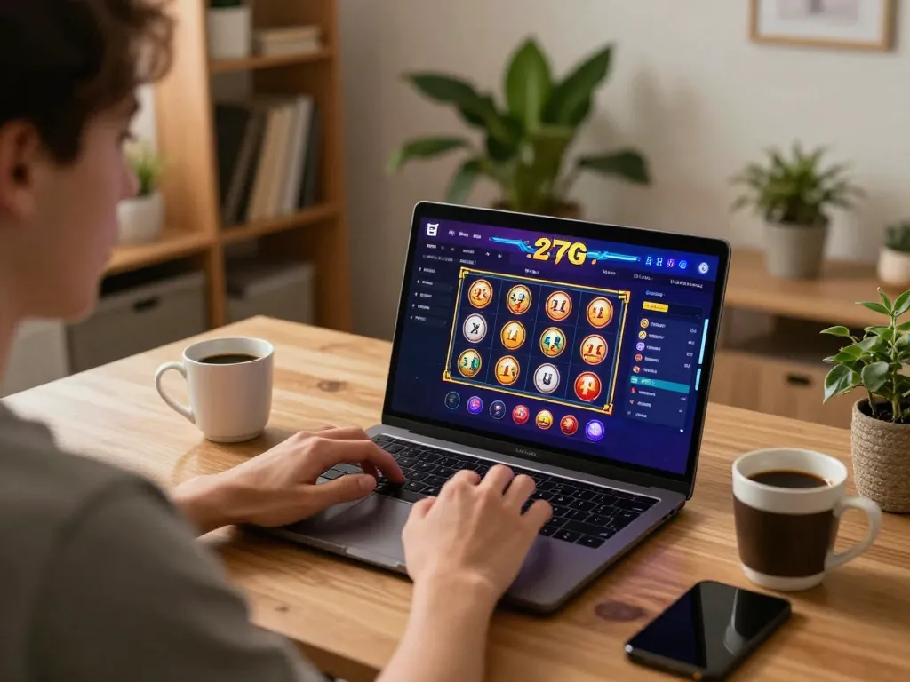 Engaged user playing on the 27G online casino platform from a cozy home setup