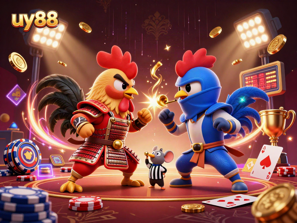 Experience the thrilling showdown of uy88 with fighting roosters and casino elements in a dynamic digital art.