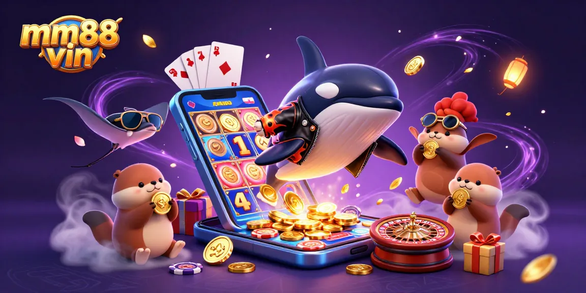 Experience exciting gaming with vibrant visuals of mm88 vin featuring an orca, stingray, and otters around casino elements.