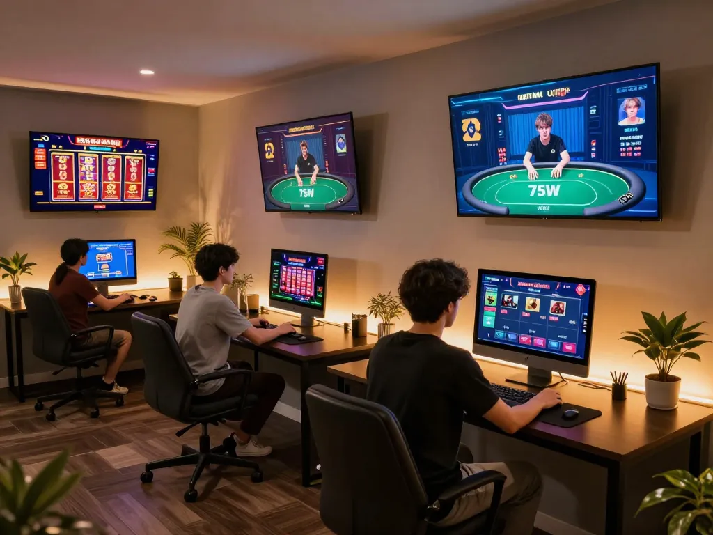 Engaging player enjoying 75W online casino games on multiple screens while managing bets effectively.