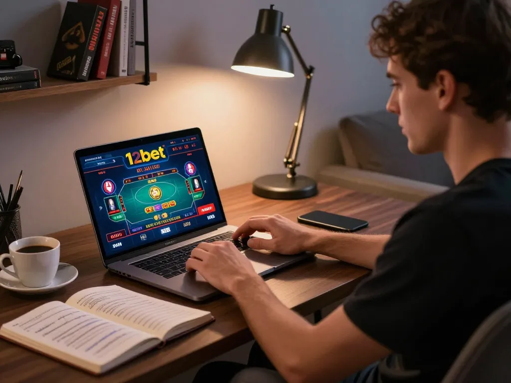 Jogador interagindo com o cassino online 12bet Brasil em um laptop, enfatizando o jogo estratégico.