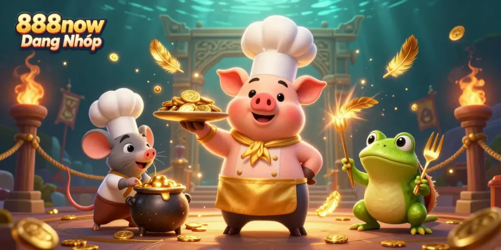 Engage with 888now Đăng Nhập showcasing a gourmet gold coin platter with vibrant characters in a lively casino scene.