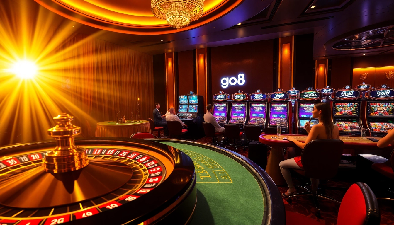 Players strategizing at a poker table in the luxurious go8 casino, surrounded by vibrant slot machines.