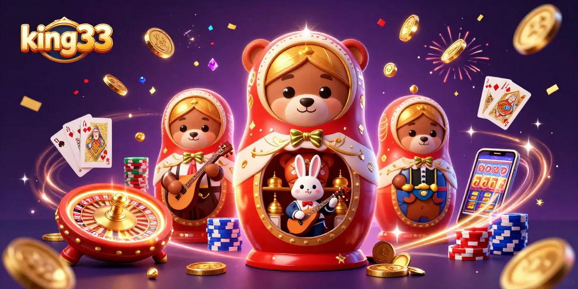 Experience thrilling gaming action with king33 in a vibrant casino scene featuring bears, coins, and roulette.