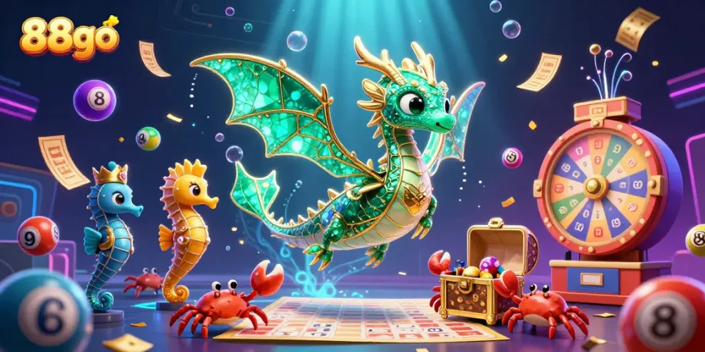 Engaging 3D illustration of a vibrant casino scene featuring 88go, dynamic gaming elements, and underwater magic.