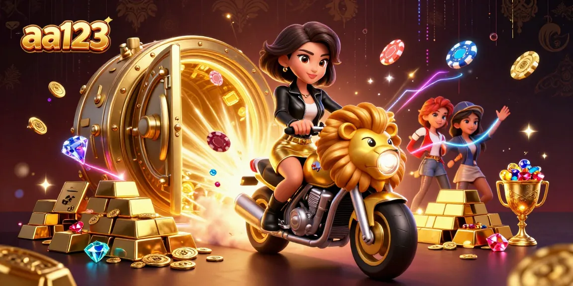 Jogue jogos emocionantes no aa123 com brilhos e uma mulher asiática glamurosa montando um leão dourado.