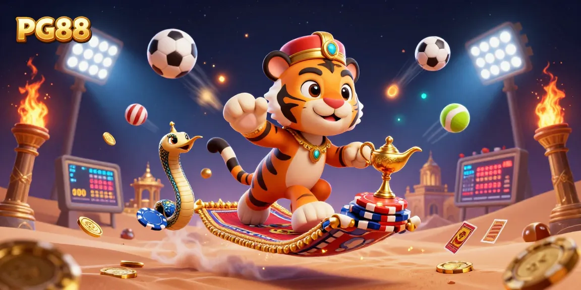 Engage in thrilling gameplay with PG88, depicted in a vibrant 3D casino world full of sports elements, trophies, and animated coins.