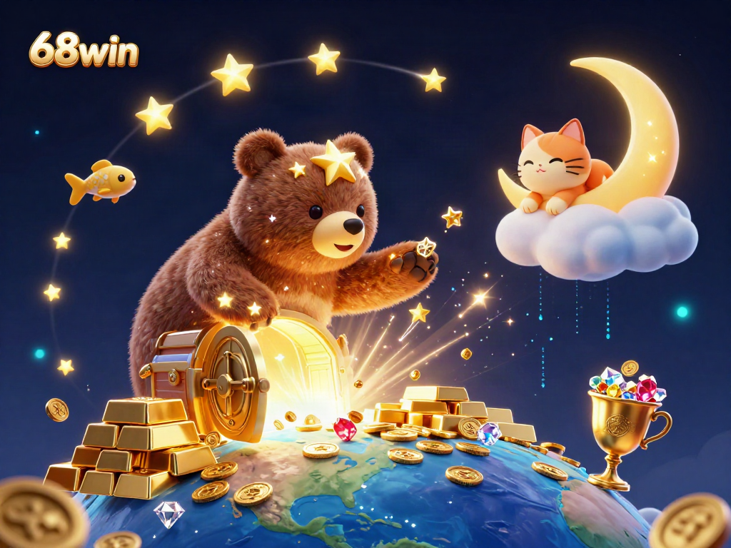 Engage with 68win's vibrant 3D casino universe filled with treasures and whimsical characters.