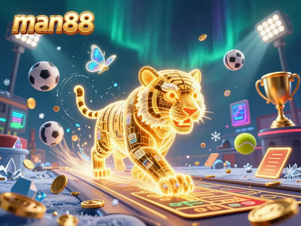 Experience thrilling gameplay at man88 with a vibrant digital casino scene featuring a neon tiger and sports elements.