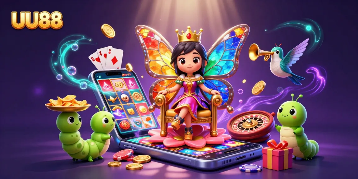 Experience the thrill of betting with UU88, featuring a vibrant 3D scene of a butterfly queen amidst casino elements.