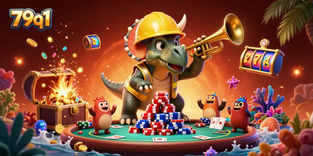 79q1 celebrates with animated triceratops and gaming elements in exciting casino scene.