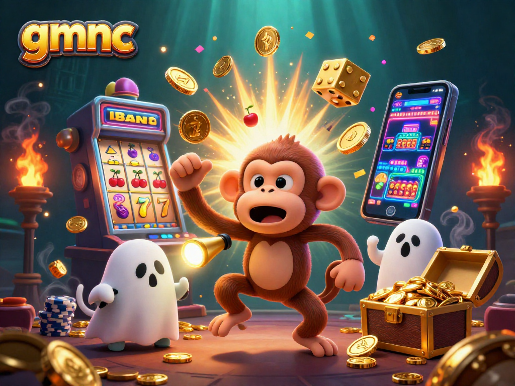gmnc showcases a lively casino scene with a playful monkey and ghost-hunter puppy tracking golden treasures.