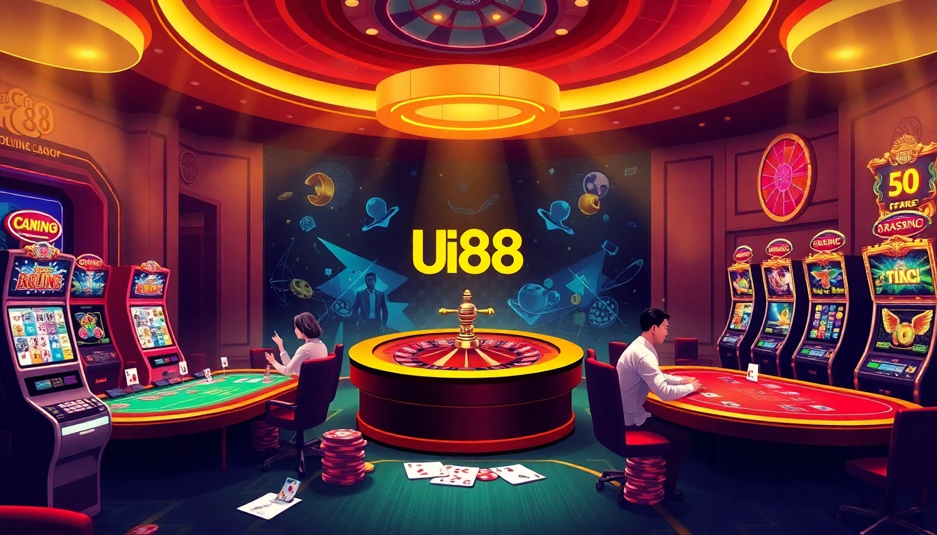 Players engaging with dynamic slot machines at UU88 casino, showcasing excitement and luxury.