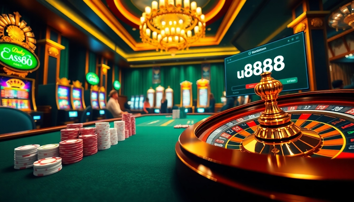 Experience the thrill of u8888 with players at a luxurious casino table surrounded by dynamic gambling elements.