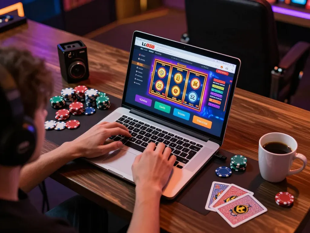 Engaging with the lc888 log online casino interface at a cozy home gaming setup.