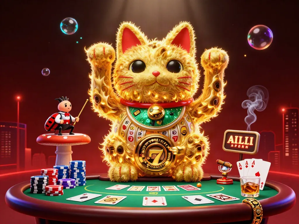 Nohuwin's golden lucky cat and conductor beetle illuminate the vibrant casino atmosphere.