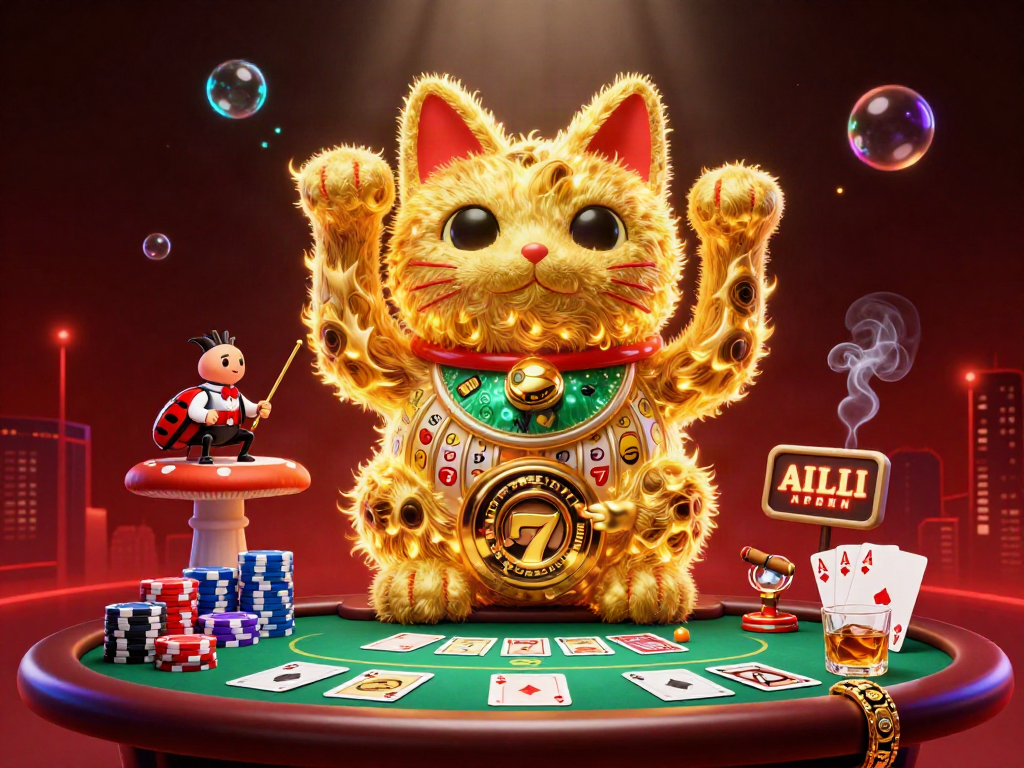 Nohuwin's golden lucky cat and conductor beetle illuminate the vibrant casino atmosphere.