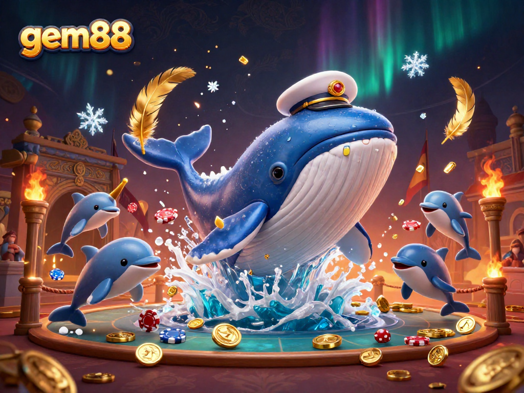 Experience gem88 with a thrilling scene of a cartoon whale and playful dolphins amid sparkling coins and poker excitement.