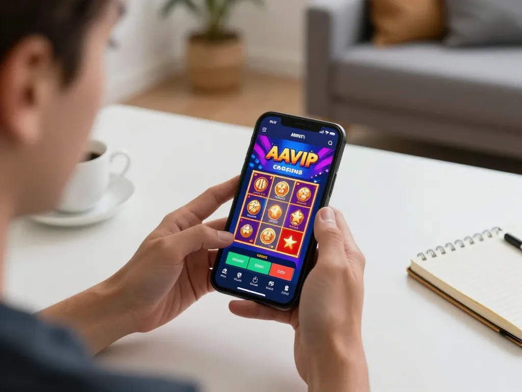 Usuário AAVIP interagindo com aplicativo de cassino online, mostrando jogos em smartphone em um ambiente aconchegante.