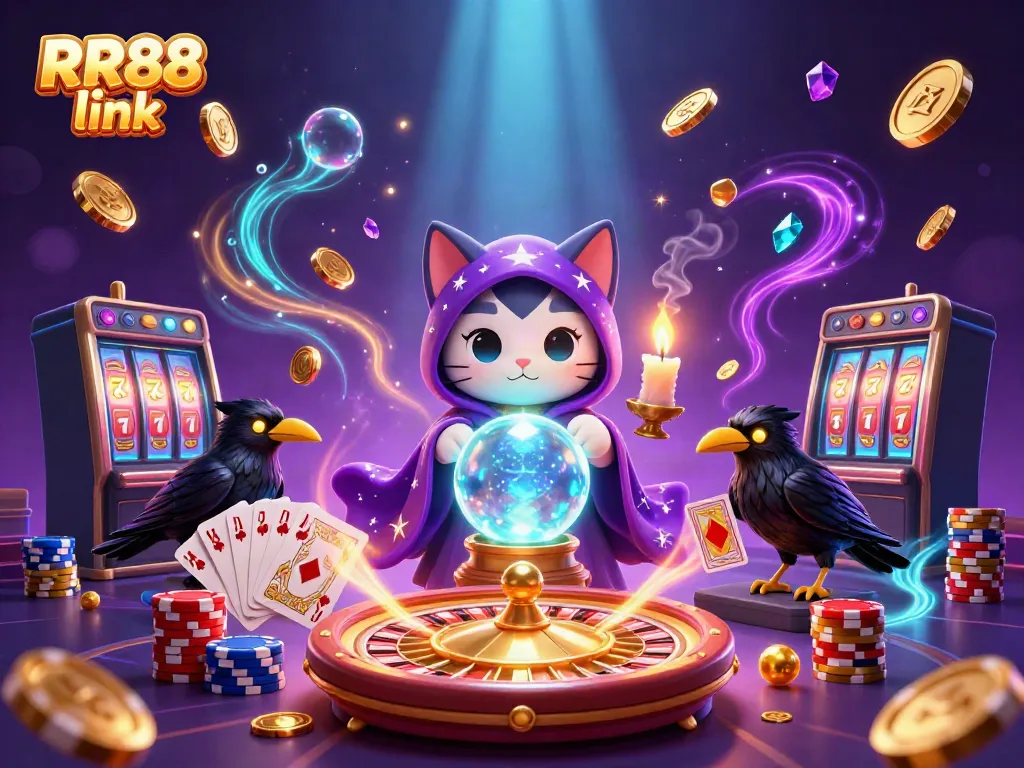Experience the magical RR88 link scene with a mystic cat and a tarot raven amidst vibrant casino elements.