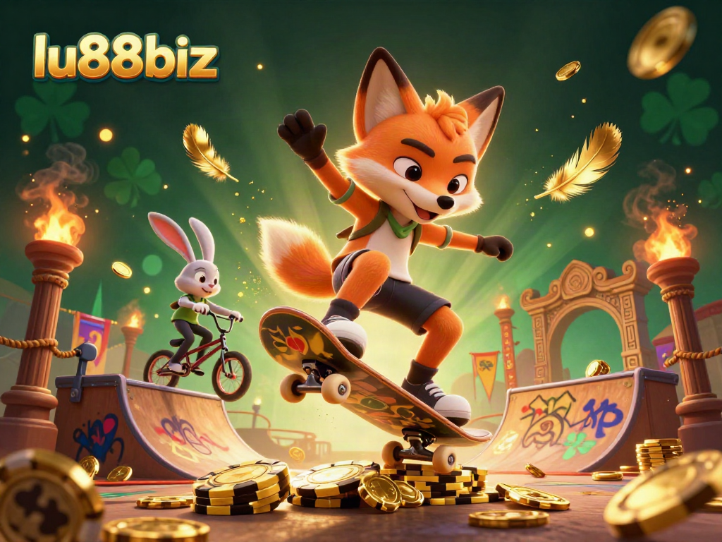 Experience the thrill of lu88biz with an energetic 3D illustration featuring vibrant characters and casino elements.