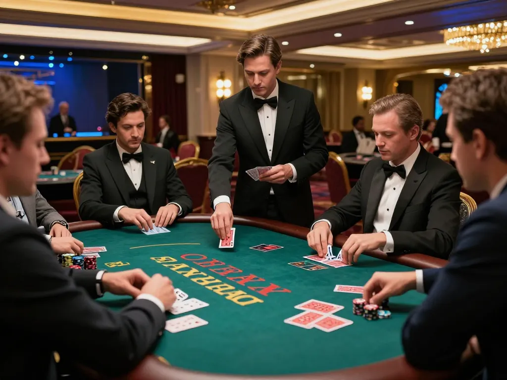 Engaging scene of players at a blackjack table in a luxurious casino, experiencing exciting game đổi thưởng.