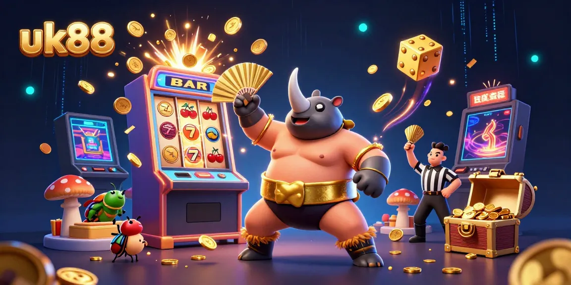 Experience thrilling gameplay at uk88 with a dynamic scene featuring a beetle sumo champion amidst a jackpot explosion.