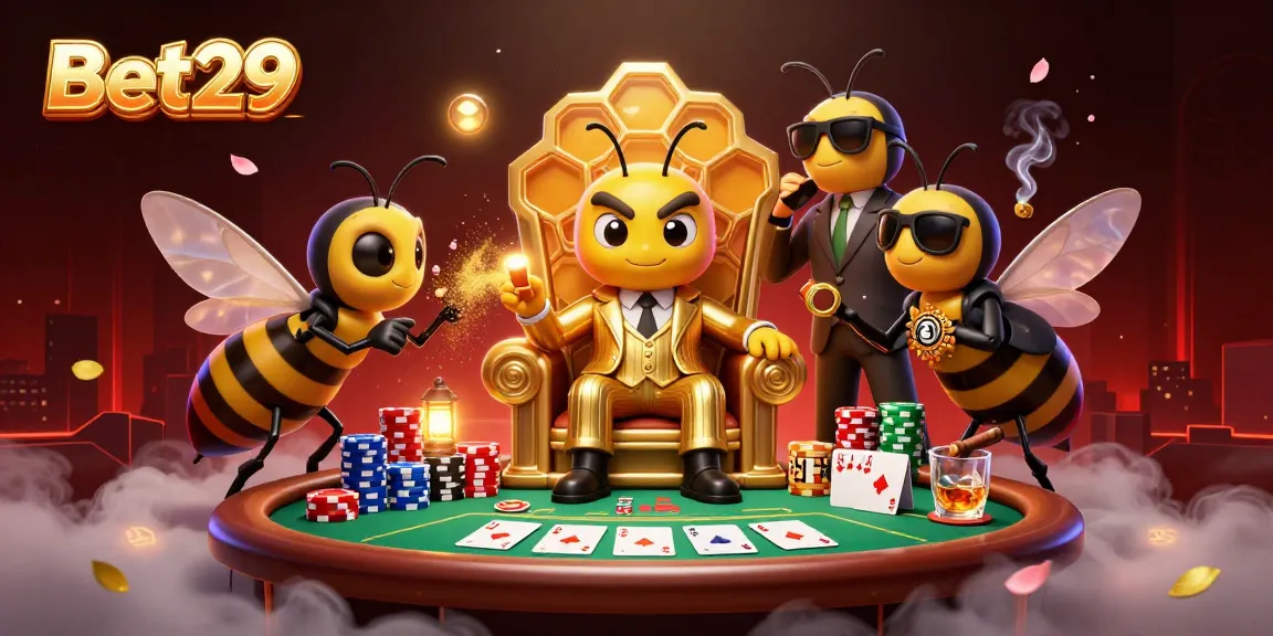 Bet29 showcases a thrilling poker scene with a bumblebee mob boss, highlighting strategy and excitement.