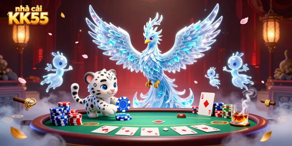 Experience thrilling gameplay at nhà cái KK55 with a vibrant 3D illustration of a animated casino scene showcasing a phoenix, snow leopard, and poker elements.