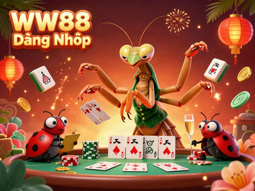 Experience the thrill of WW88 Đăng Nhập with a 3D cartoon scene featuring a praying mantis card sharp, dynamic game elements, and festive decorations.