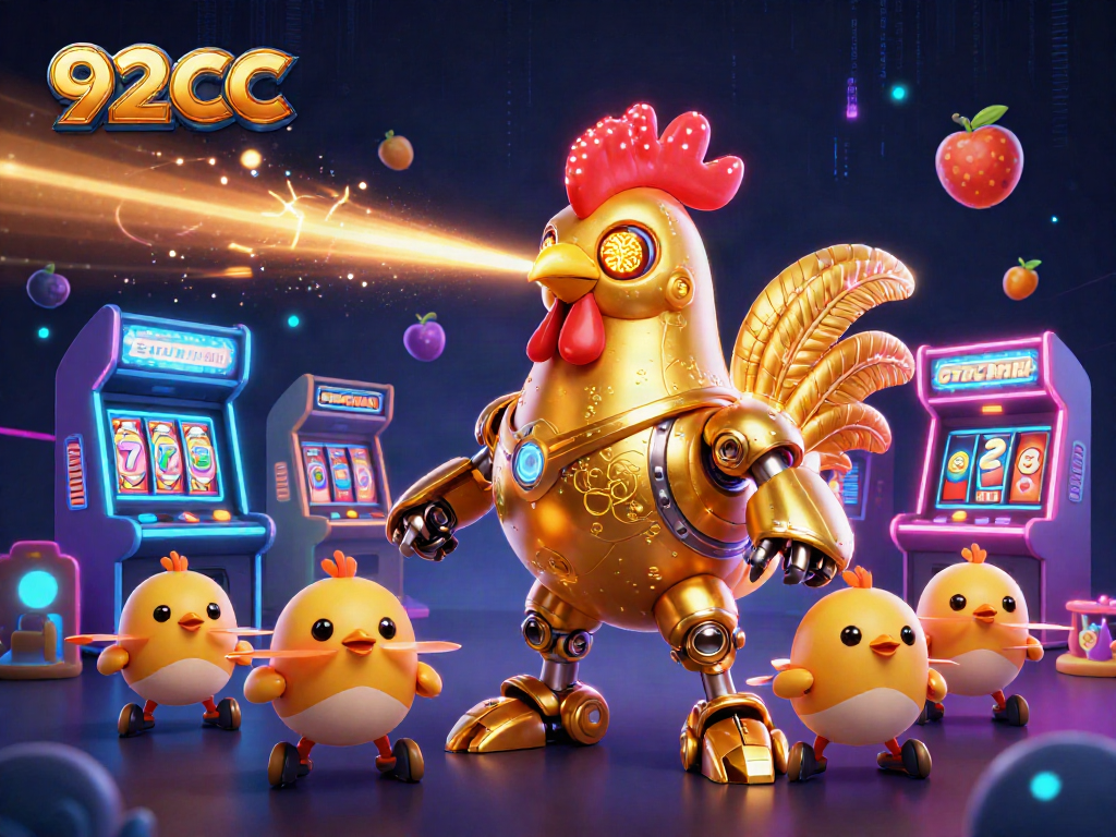 Experience thrilling action with 92CC as a robotic rooster shoots lasers and casino elements abound