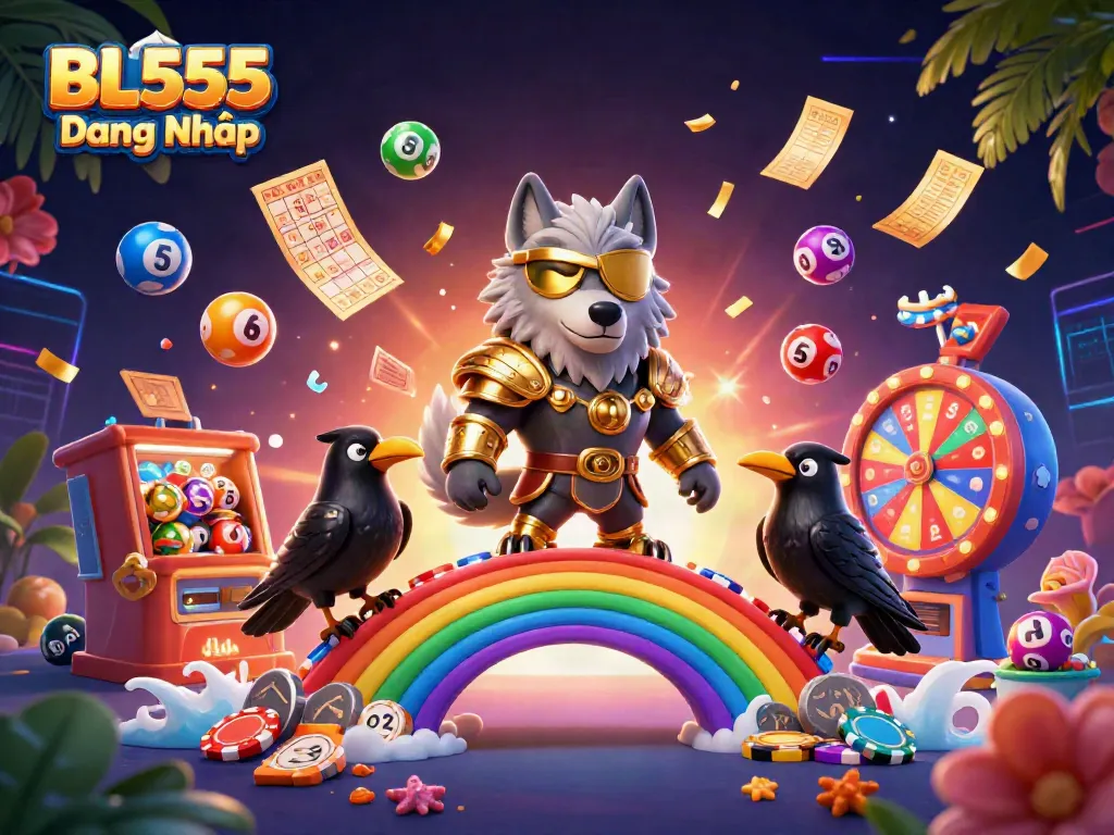 Engage in thrilling gaming with BL555 Đăng Nhập amidst colorful lottery elements and a vibrant casino atmosphere.