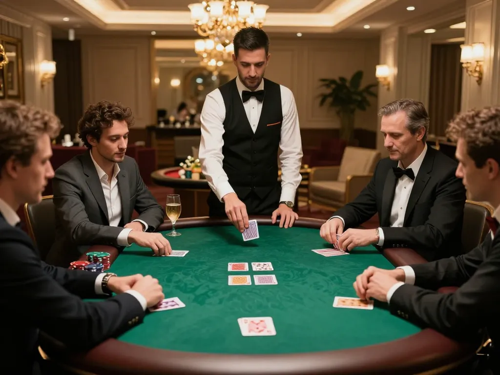 Players engage in strategic gameplay during a high-stakes poker game at Jogoluck's exclusive club.