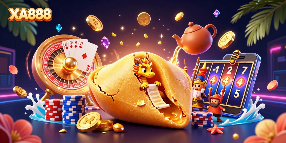 XA888 casino illustration featuring a giant golden cookie, wise dragon, and dynamic casino elements.