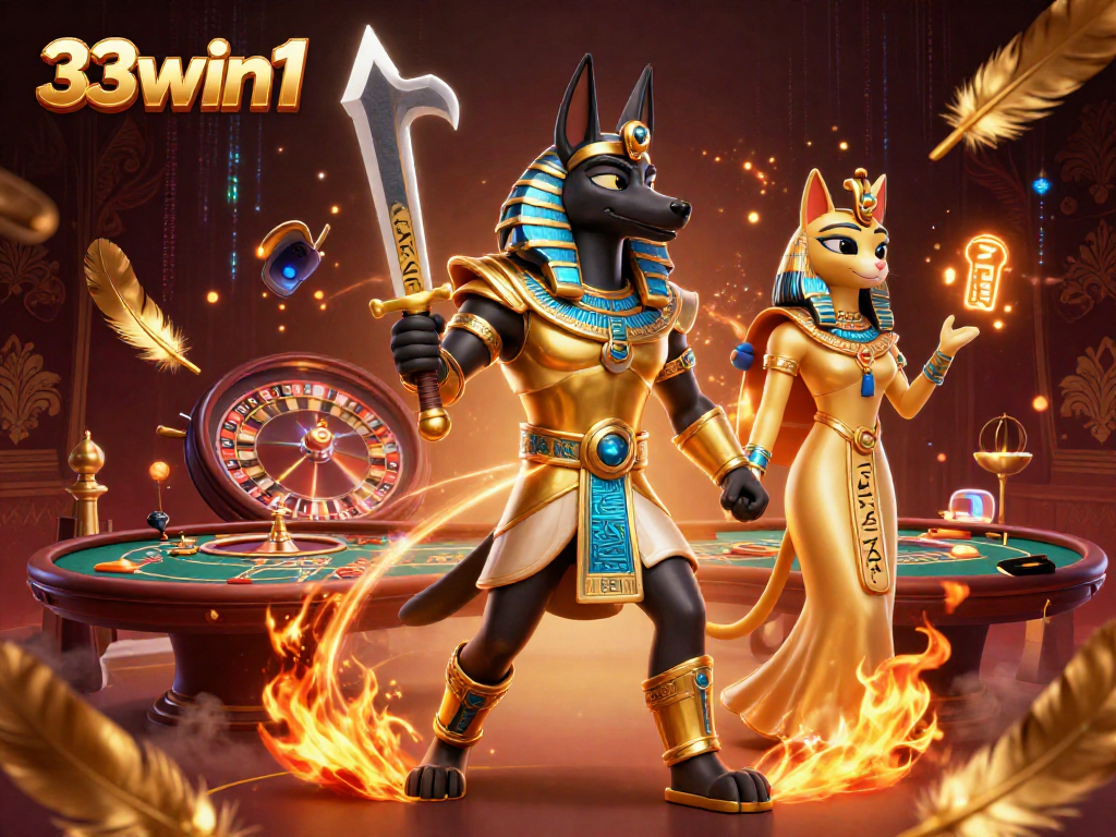 Engage with thrilling games at 33win1 through an ancient Egyptian-inspired casino scene.
