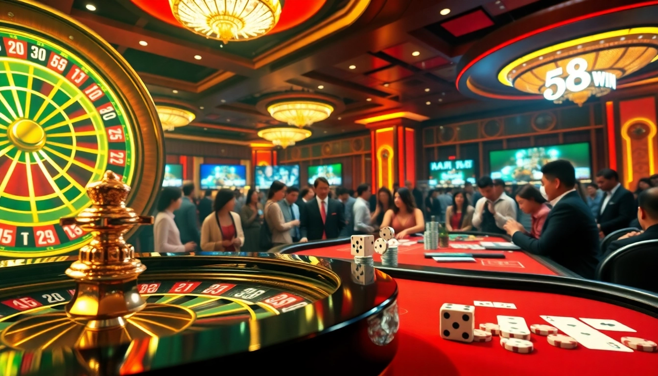 Experience the thrill of live gaming at 58 WIN with vibrant roulette, intense players, and stunning casino decor.