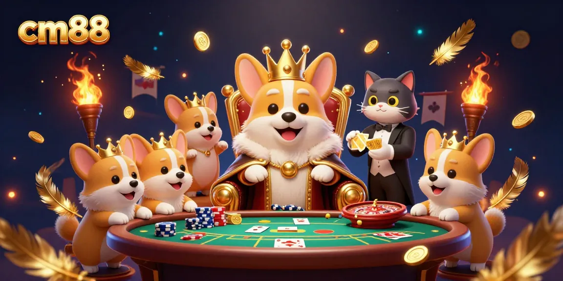 Engage in thrilling casino action with cm88, featuring an extravagant royal corgi and gaming elements.